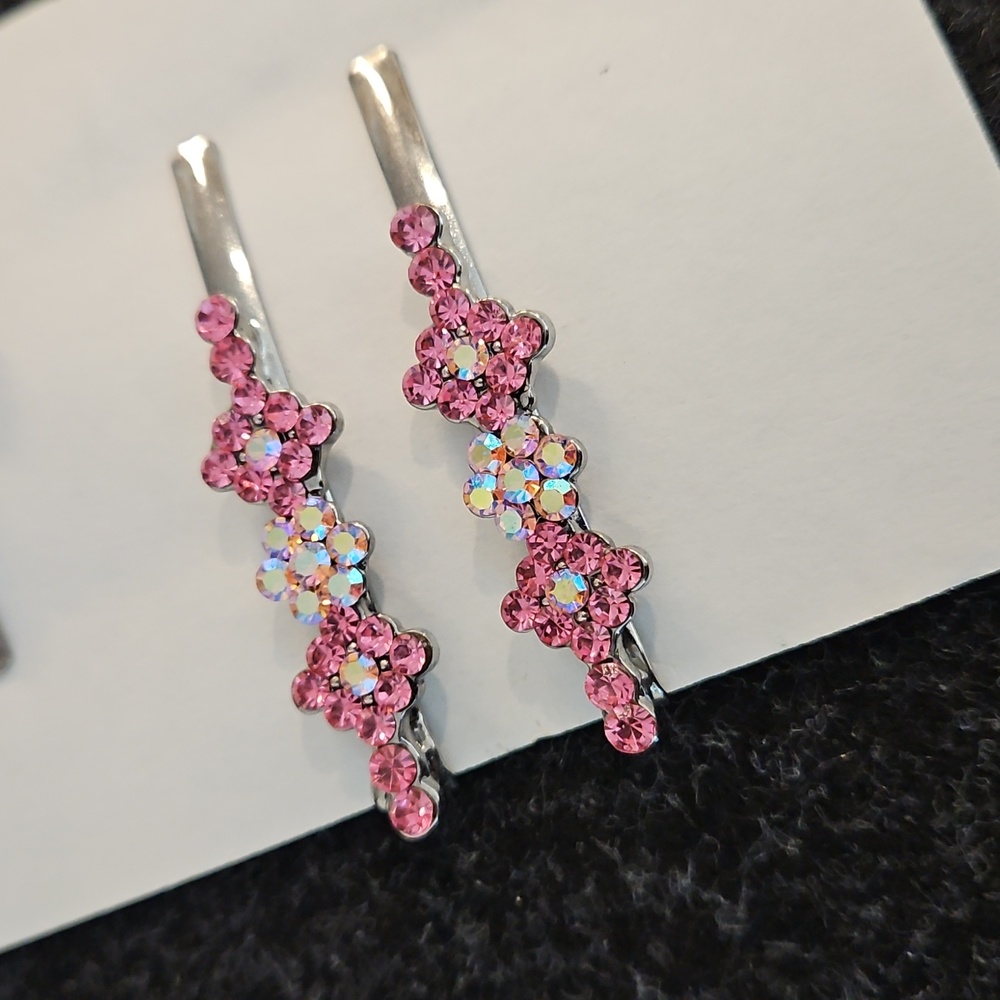 Set of 4 Pink and Aurora Borealis Rhinestone hair pins Special Occasion Bun - Picture 5 of 6